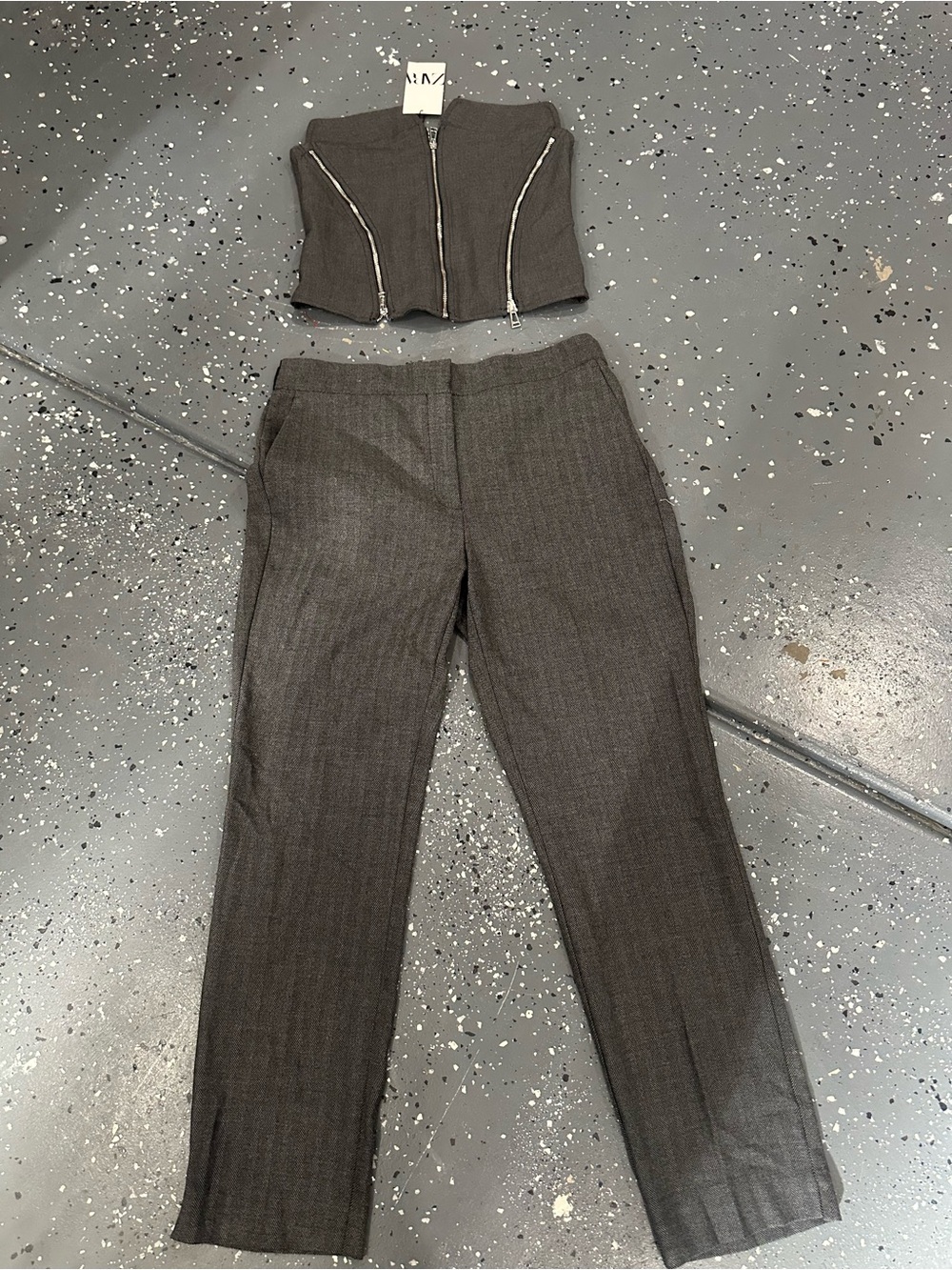Zara Dark Gray Tailored Pantsuit with Zip-Front Crop Top